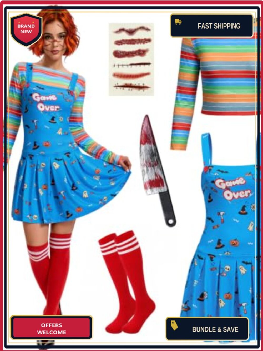 Killer Doll Halloween Costume Set 5PC Striped Top Suspender Dress Socks Cosplay